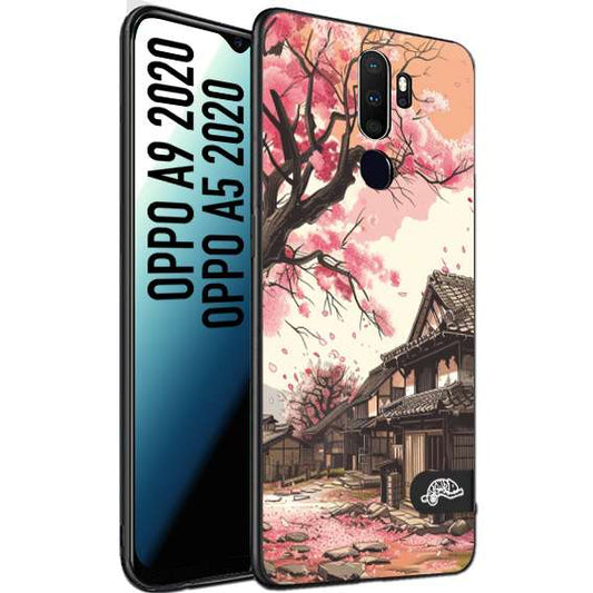 CUSTOMIZZA - Custodia cover nera morbida in tpu compatibile per Oppo A9 2020 - A5 2020 casa giapponese rosa ciliegio in fiore disegnata tattoo