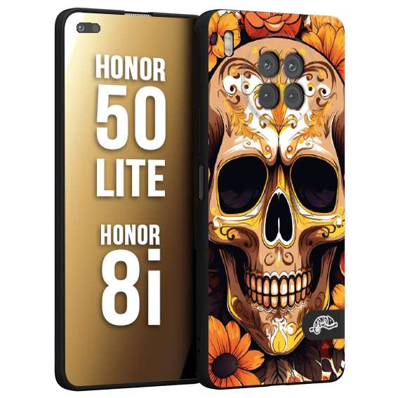 CUSTOMIZZA - Custodia cover nera morbida in tpu compatibile per Honor 8i - Honor 50 LITE teschio messicano colorato dorato fiori tattoo disegnato