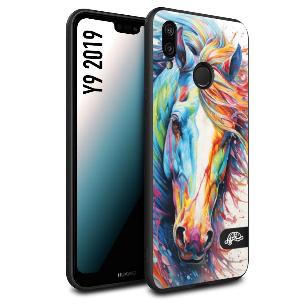 CUSTOMIZZA - Custodia cover nera morbida in tpu compatibile per Huawei Y9 2019 animali color cavallo horse viso colori vibranti disegnato schizzo