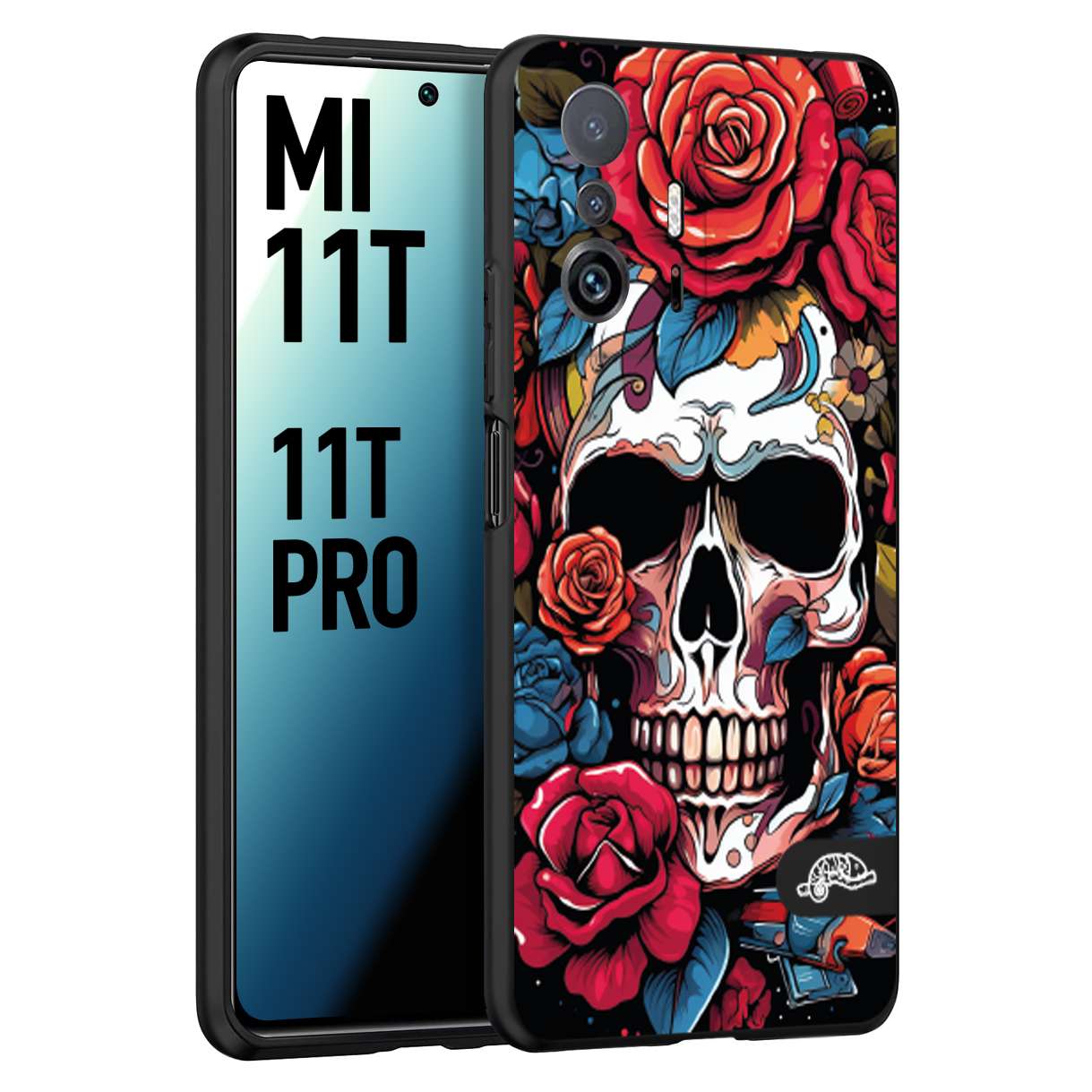 CUSTOMIZZA - Custodia cover nera morbida in tpu compatibile per Xiaomi Mi 11T - Mi 11T PRO teschio skull flowers fiori rose rosse tattoo disegnato