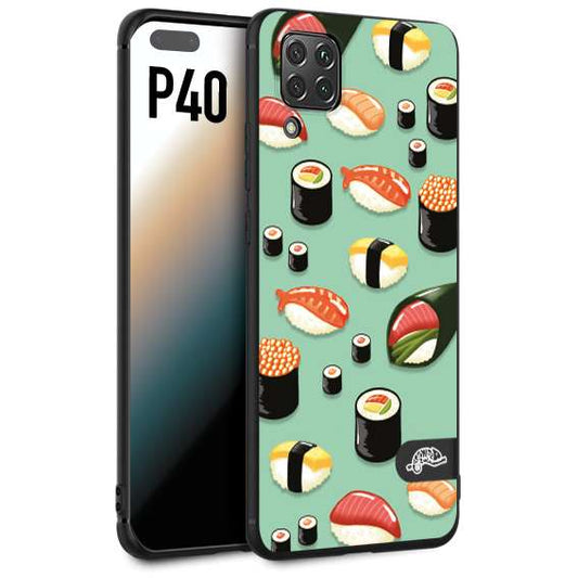 CUSTOMIZZA - Custodia cover nera morbida in tpu compatibile per Huawei P40 sushi disegni giapponese nighiri acquamarina verde