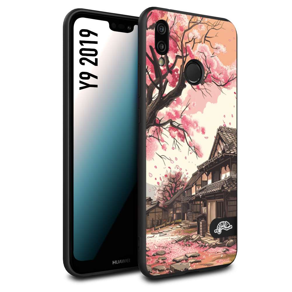 CUSTOMIZZA - Custodia cover nera morbida in tpu compatibile per Huawei Y9 2019 casa giapponese rosa ciliegio in fiore disegnata tattoo