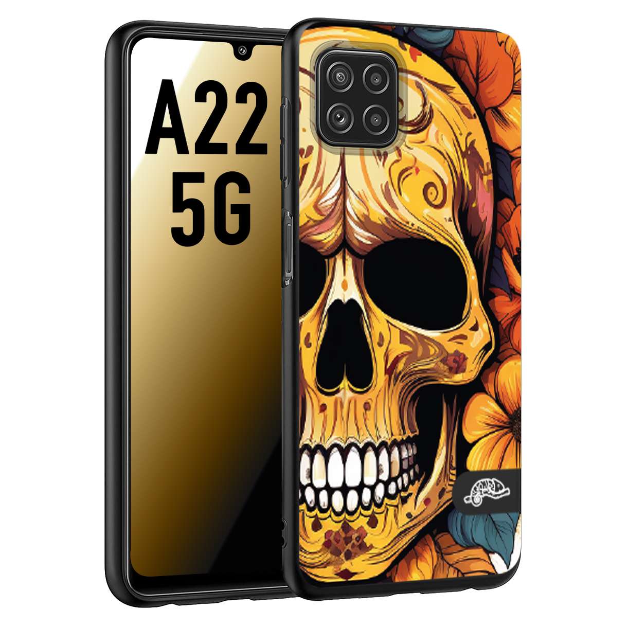 CUSTOMIZZA - Custodia cover nera morbida in tpu compatibile per Samsung A22 5G teschio messicano colorato dorato fiori autunnali disegnato