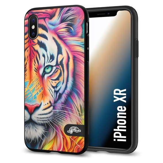 CUSTOMIZZA - Custodia cover nera morbida in tpu compatibile per iPhone Xr animali color tigre tiger viso colori vibranti disegnato schizzo