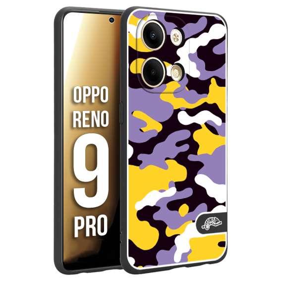 CUSTOMIZZA - Custodia cover nera morbida in tpu compatibile per Oppo Reno 9 PRO camouflage mimetico militare viola lilla giallo