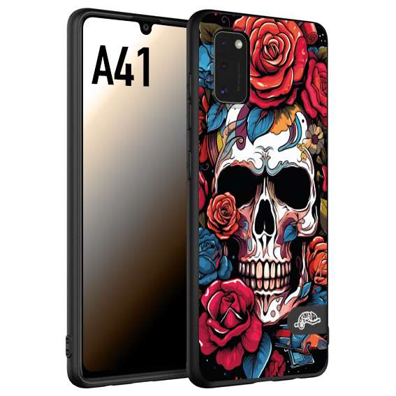 CUSTOMIZZA - Custodia cover nera morbida in tpu compatibile per Samsung A41 teschio skull flowers fiori rose rosse tattoo disegnato