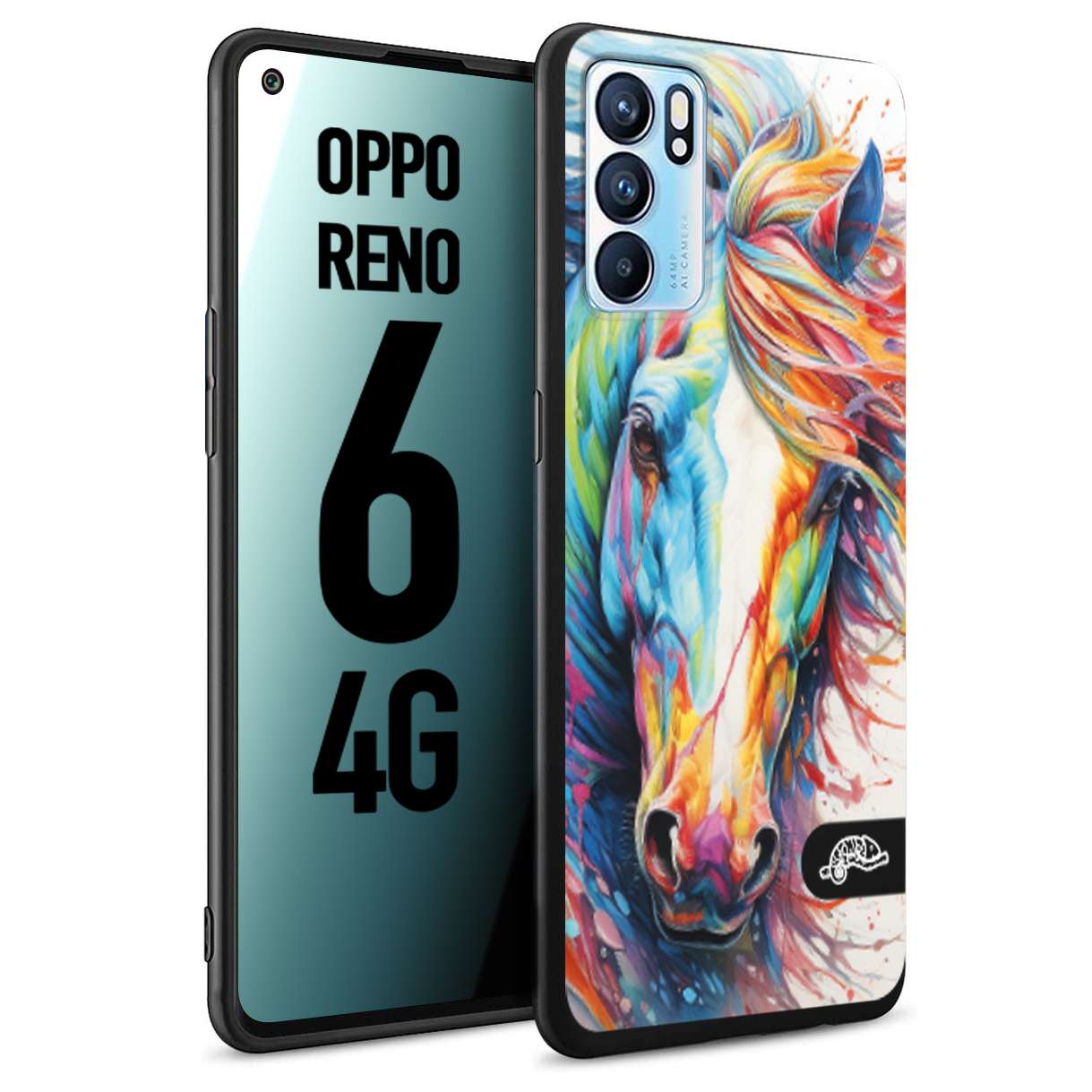 CUSTOMIZZA - Custodia cover nera morbida in tpu compatibile per Oppo Reno 6 4G animali color cavallo horse viso colori vibranti disegnato schizzo