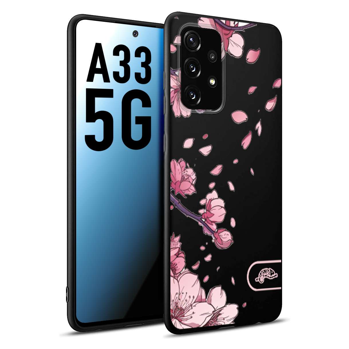 CUSTOMIZZA - Custodia cover nera morbida in tpu compatibile per Samsung A33 5G giapponese fiori di ciliegio in fiore a rilievo disegnata tattoo