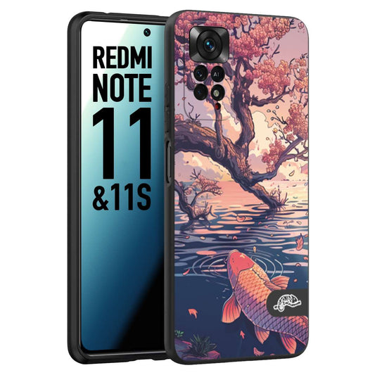 CUSTOMIZZA - Custodia cover nera morbida in tpu compatibile per Xiaomi Redmi Note 11 -  Note 11S giapponese lago carpa koi rosa con foglie d'acero disegnata tattoo