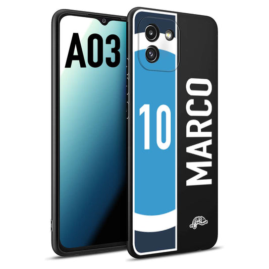 CUSTOMIZZA - Custodia cover nera morbida in tpu compatibile per Samsung A03 personalizzata calcio football nome e numero calciatori biancoazzurri bianco celesti