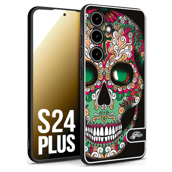 CUSTOMIZZA - Custodia cover nera morbida in tpu compatibile per Samsung S24 PLUS teschio messicano Mexican skull verde fucsia