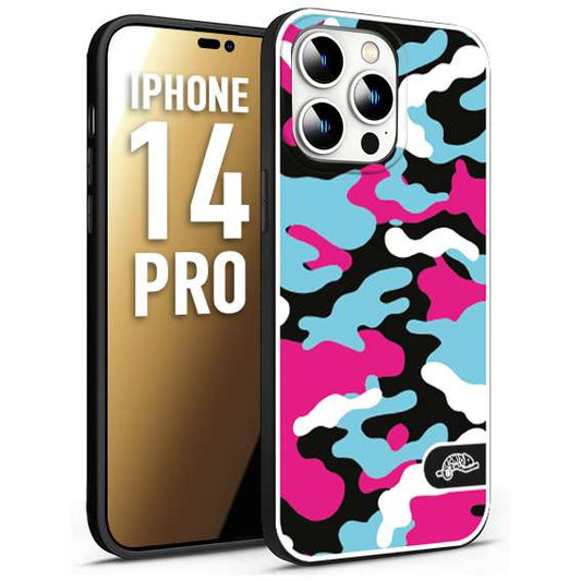 CUSTOMIZZA - Custodia cover nera morbida in tpu compatibile per iPhone 14 PRO camouflage mimetico militare fucsia celeste