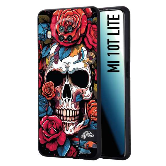 CUSTOMIZZA - Custodia cover nera morbida in tpu compatibile per Xiaomi Mi 10T LITE teschio skull flowers fiori rose rosse tattoo disegnato