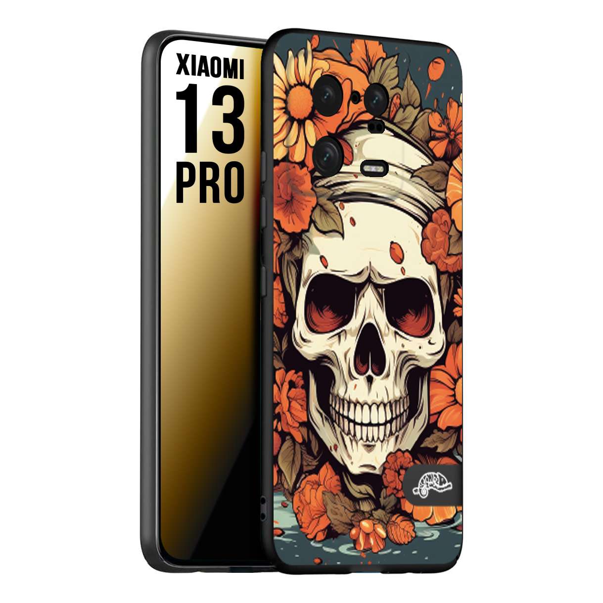 CUSTOMIZZA - Custodia cover nera morbida in tpu compatibile per Xiaomi 13 PRO teschio skull flowers fiori tattoo disegnato alta definizione