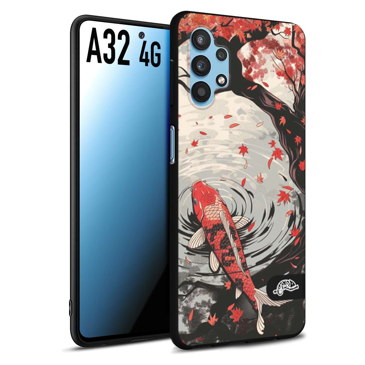 CUSTOMIZZA - Custodia cover nera morbida in tpu compatibile per Samsung A32 4G giapponese lago carpa koi rossa con foglie d'acero rosso disegnata tattoo