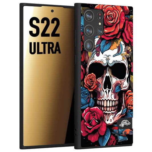 CUSTOMIZZA - Custodia cover nera morbida in tpu compatibile per Samsung S22 ULTRA teschio skull flowers fiori rose rosse tattoo disegnato