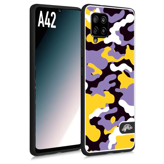 CUSTOMIZZA - Custodia cover nera morbida in tpu compatibile per Samsung A42 camouflage mimetico militare viola lilla giallo