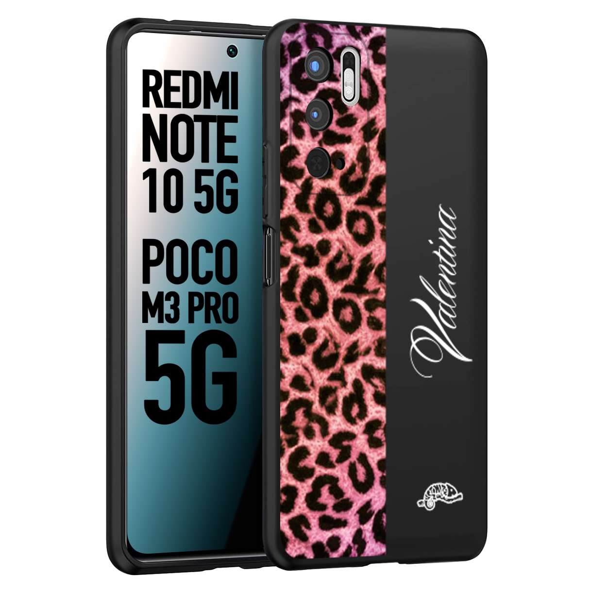 CUSTOMIZZA - Custodia cover nera morbida in tpu compatibile per Xiaomi Redmi Note 10 5G - Poco M3 Pro 5G leopardato rosa fucsia personalizzata nome iniziali