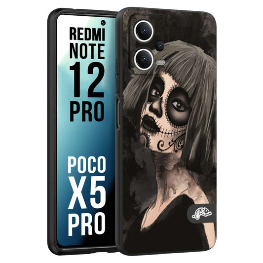 CUSTOMIZZA - Custodia cover nera morbida in tpu compatibile per Xiaomi Redmi Note 12 PRO - POCO X5 PRO chicana messicana dea de la muerte donna santa tattoo disegnata