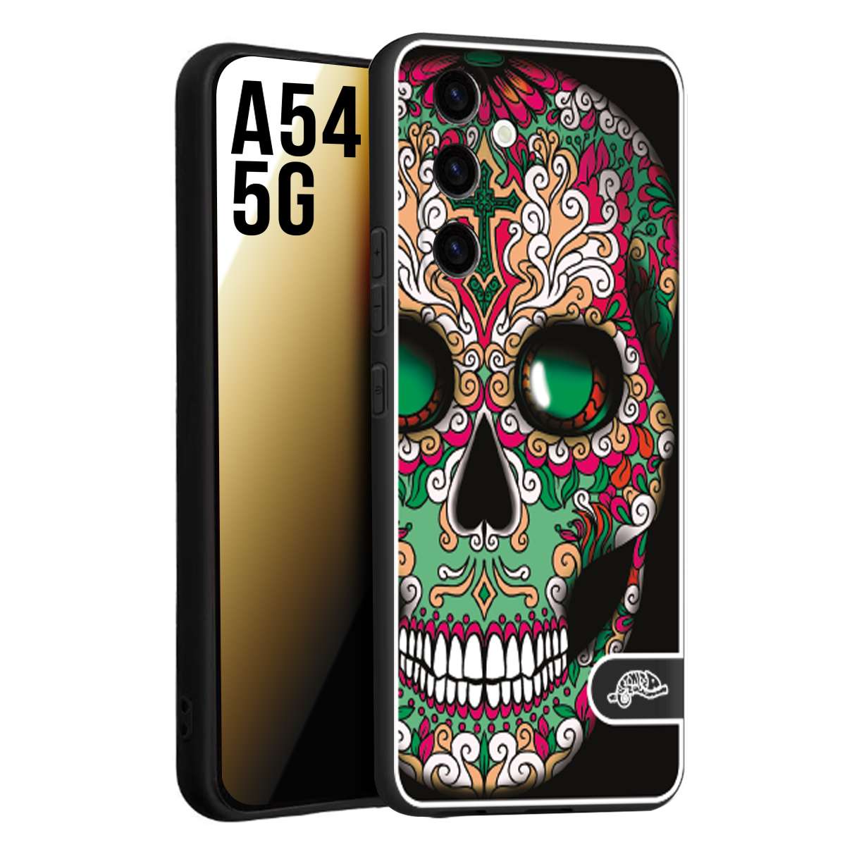 CUSTOMIZZA - Custodia cover nera morbida in tpu compatibile per Samsung A54 5G teschio messicano Mexican skull verde fucsia