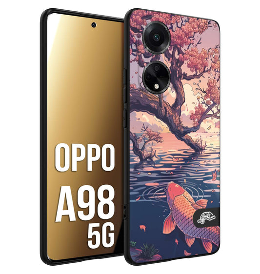 CUSTOMIZZA - Custodia cover nera morbida in tpu compatibile per Oppo A98 5G giapponese lago carpa koi rosa con foglie d'acero disegnata tattoo