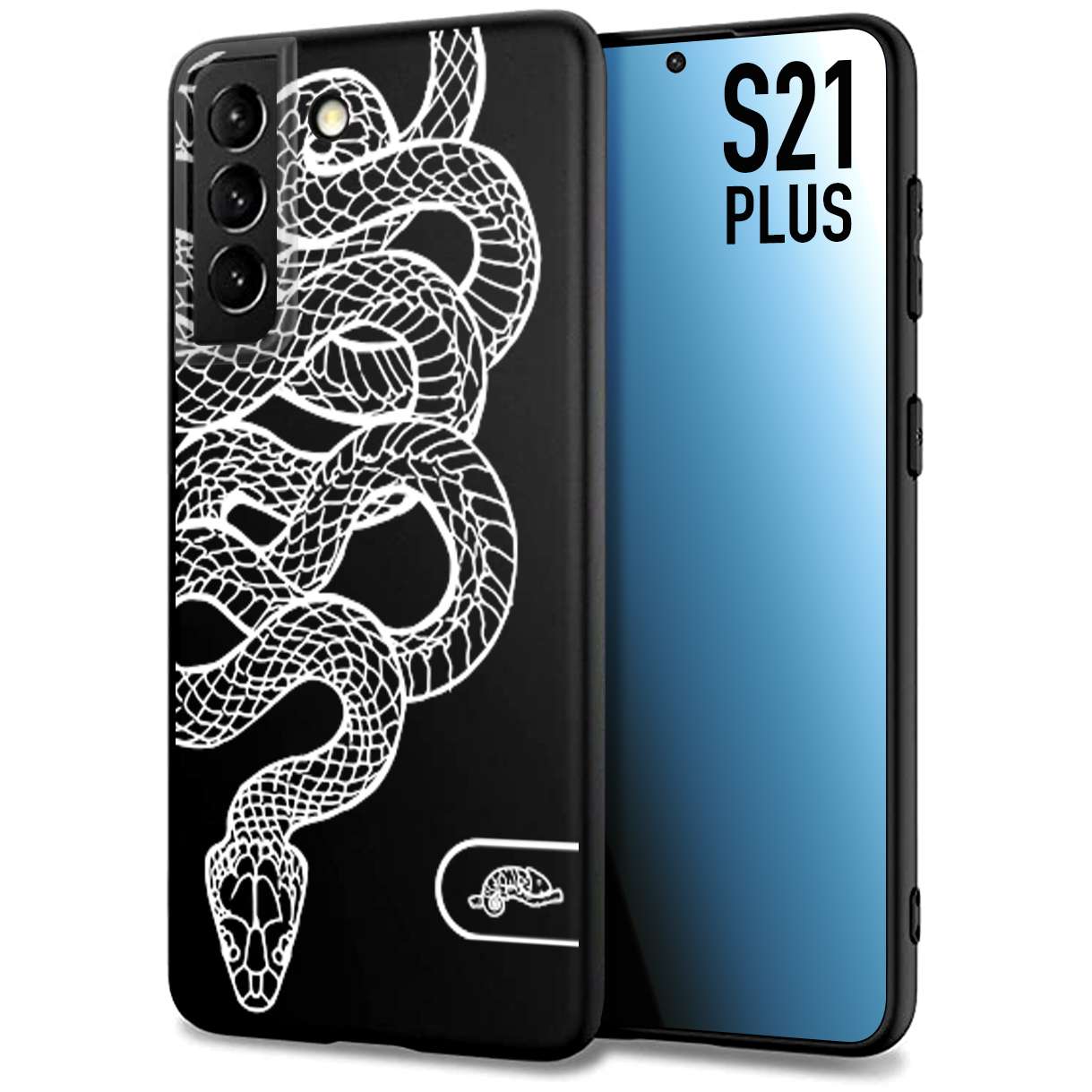 CUSTOMIZZA - Custodia cover nera morbida in tpu compatibile per Samsung S21 PLUS serpente snake bianco a rilievo disegnato tattoo tatuaggio