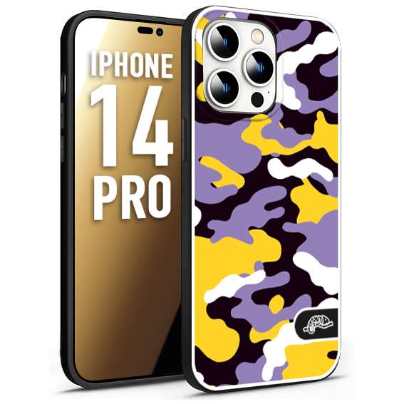 CUSTOMIZZA - Custodia cover nera morbida in tpu compatibile per iPhone 14 PRO camouflage mimetico militare viola lilla giallo