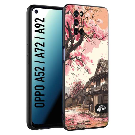 CUSTOMIZZA - Custodia cover nera morbida in tpu compatibile per Oppo A52 - A72 - A92 casa giapponese rosa ciliegio in fiore disegnata tattoo