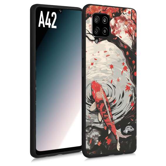 CUSTOMIZZA - Custodia cover nera morbida in tpu compatibile per Samsung A42 giapponese lago carpa koi rossa con foglie d'acero rosso disegnata tattoo