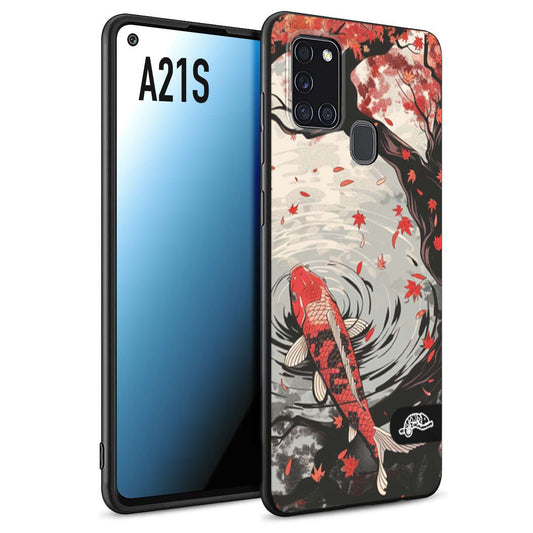 CUSTOMIZZA - Custodia cover nera morbida in tpu compatibile per Samsung A21S giapponese lago carpa koi rossa con foglie d'acero rosso disegnata tattoo