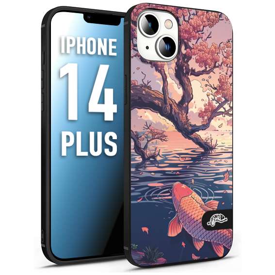 CUSTOMIZZA - Custodia cover nera morbida in tpu compatibile per iPhone 14 PLUS giapponese lago carpa koi rosa con foglie d'acero disegnata tattoo