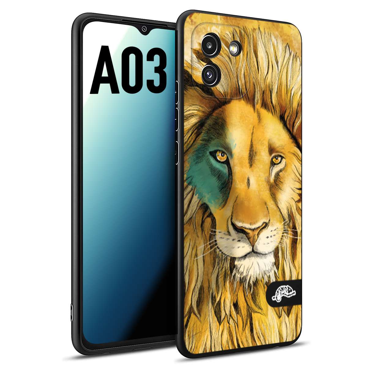 CUSTOMIZZA - Custodia cover nera morbida in tpu compatibile per Samsung A03 leone lion disegnato a mano giallo blu a rilievo artistico brown