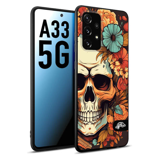 CUSTOMIZZA - Custodia cover nera morbida in tpu compatibile per Samsung A33 5G teschio skull flowers fiori autunnali arancio celeste tattoo