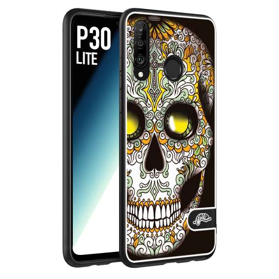 CUSTOMIZZA - Custodia cover nera morbida in tpu compatibile per Huawei P30 LITE teschio messicano Mexican skull bianco verde giallo