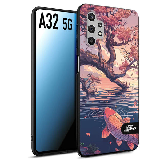 CUSTOMIZZA - Custodia cover nera morbida in tpu compatibile per Samsung A32 5G giapponese lago carpa koi rosa con foglie d'acero disegnata tattoo