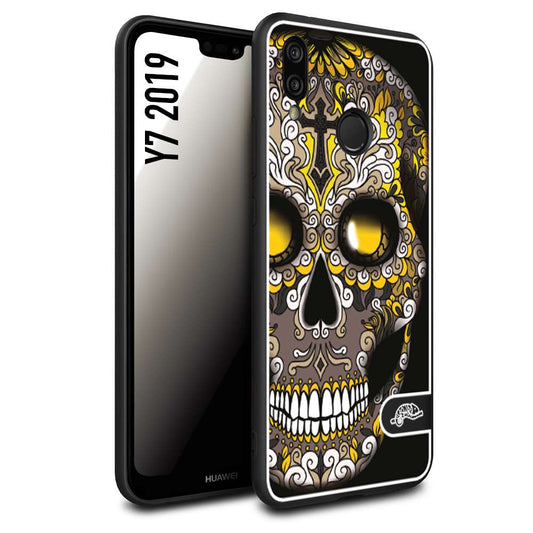 CUSTOMIZZA - Custodia cover nera morbida in tpu compatibile per Huawei Y7 2019 teschio messicano Mexican skull nero giallo