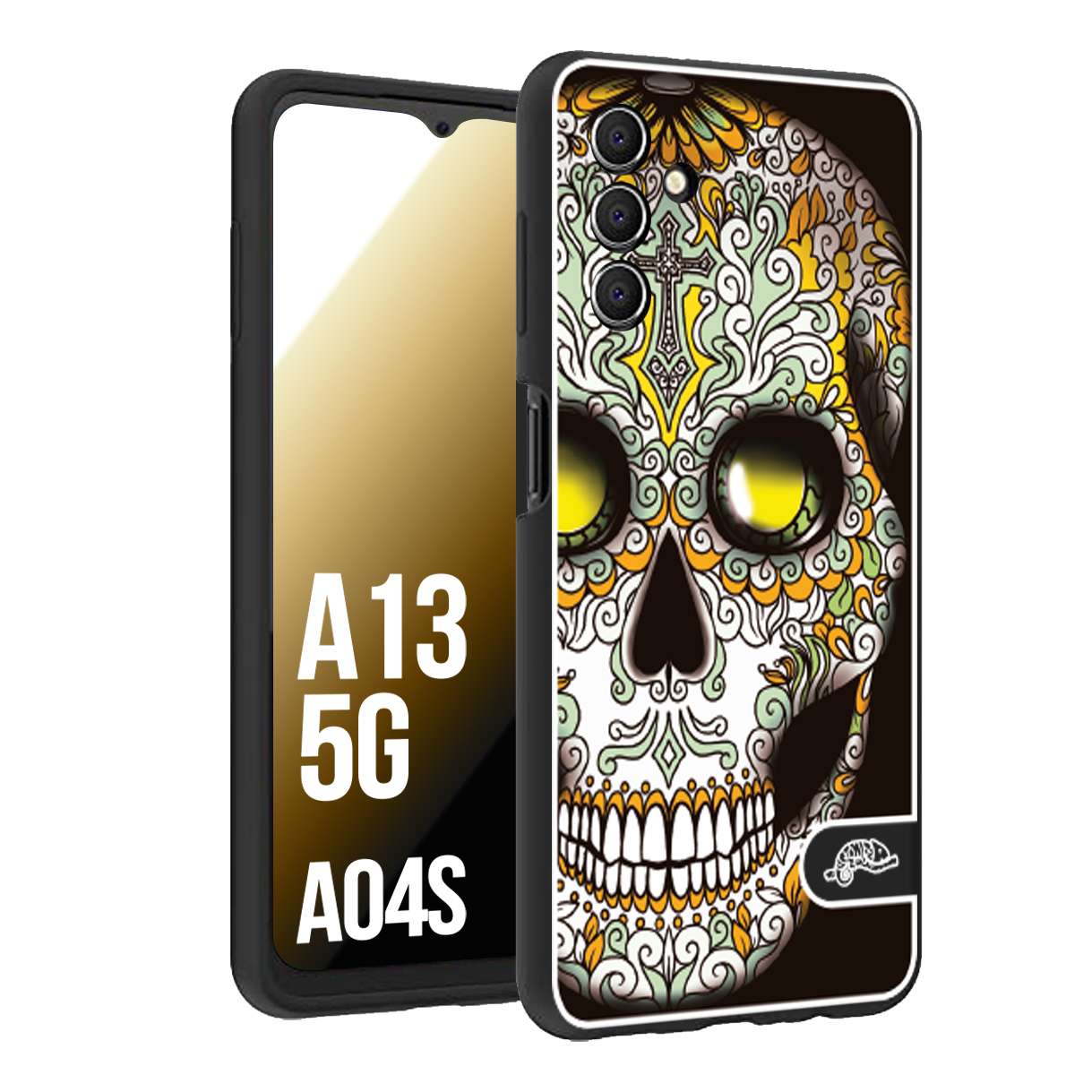 CUSTOMIZZA - Custodia cover nera morbida in tpu compatibile per Samsung A04S - A13 5G teschio messicano Mexican skull bianco verde giallo