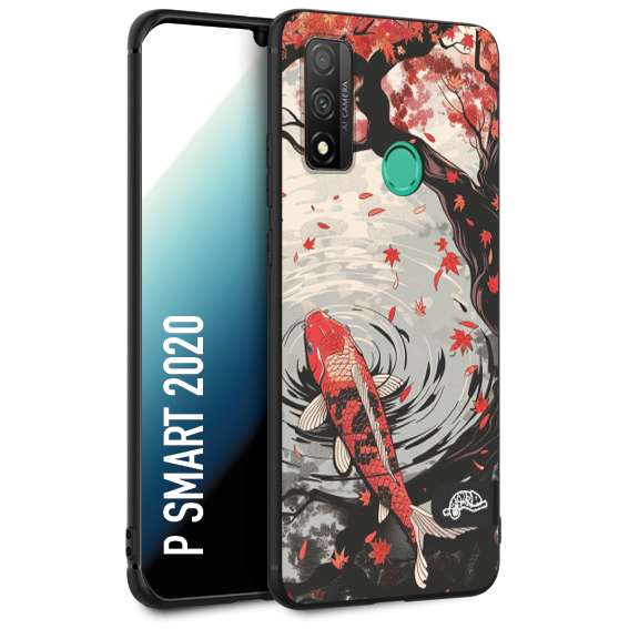 CUSTOMIZZA - Custodia cover nera morbida in tpu compatibile per Huawei P Smart 2020 giapponese lago carpa koi rossa con foglie d'acero rosso disegnata tattoo