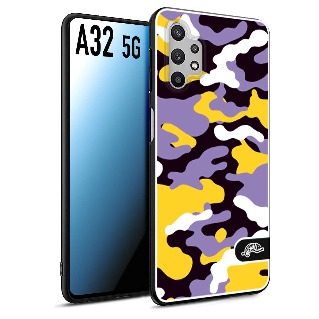 CUSTOMIZZA - Custodia cover nera morbida in tpu compatibile per Samsung A32 5G camouflage mimetico militare viola lilla giallo