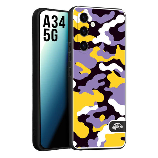 CUSTOMIZZA - Custodia cover nera morbida in tpu compatibile per Samsung A34 5G camouflage mimetico militare viola lilla giallo