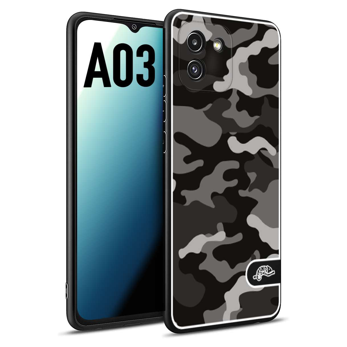 CUSTOMIZZA - Custodia cover nera morbida in tpu compatibile per Samsung A03 camouflage mimetico militare nero black grigio