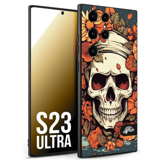 CUSTOMIZZA - Custodia cover nera morbida in tpu compatibile per Samsung S23 ULTRA teschio skull flowers fiori tattoo disegnato alta definizione