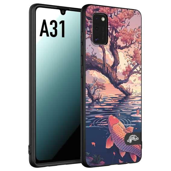 CUSTOMIZZA - Custodia cover nera morbida in tpu compatibile per Samsung A31 giapponese lago carpa koi rosa con foglie d'acero disegnata tattoo