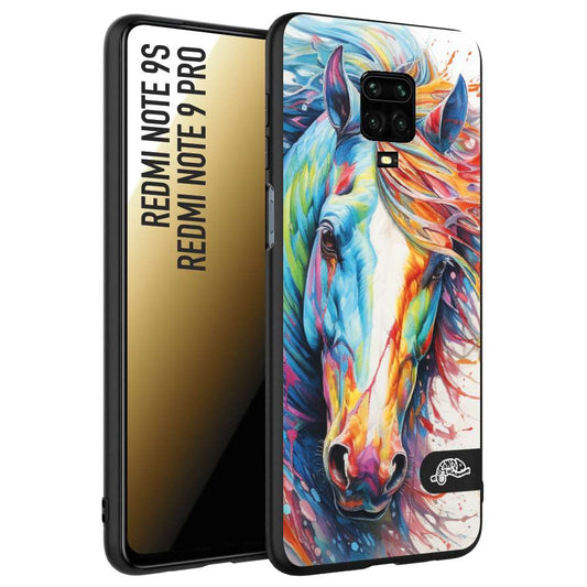 CUSTOMIZZA - Custodia cover nera morbida in tpu compatibile per Xiaomi Redmi Note 9S - Note 9 PRO animali color cavallo horse viso colori vibranti disegnato schizzo