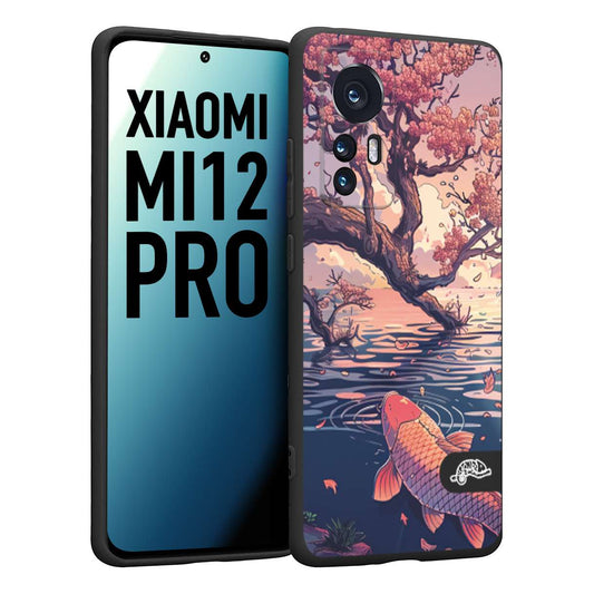 CUSTOMIZZA - Custodia cover nera morbida in tpu compatibile per Xiaomi 12 PRO giapponese lago carpa koi rosa con foglie d'acero disegnata tattoo