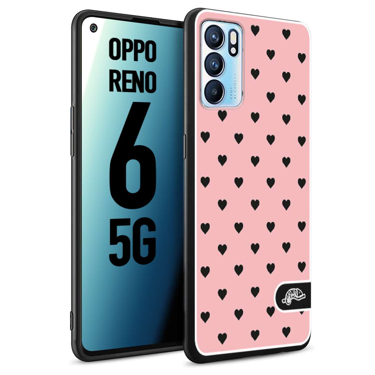 CUSTOMIZZA - Custodia cover nera morbida in tpu compatibile per Oppo Reno 6 5G cuori pois rosa donna pin up vintage