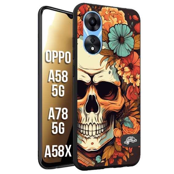 CUSTOMIZZA - Custodia cover nera morbida in tpu compatibile per Oppo A58 5G - A78 5G - A58X teschio skull flowers fiori autunnali arancio celeste tattoo