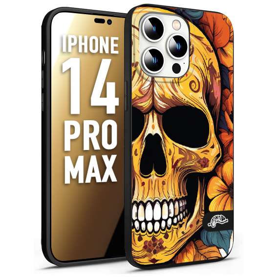 CUSTOMIZZA - Custodia cover nera morbida in tpu compatibile per iPhone 14 PRO MAX teschio messicano colorato dorato fiori autunnali disegnato