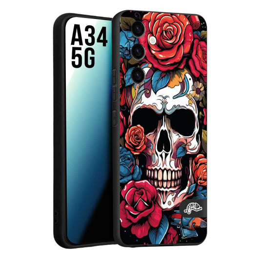 CUSTOMIZZA - Custodia cover nera morbida in tpu compatibile per Samsung A34 5G teschio skull flowers fiori rose rosse tattoo disegnato