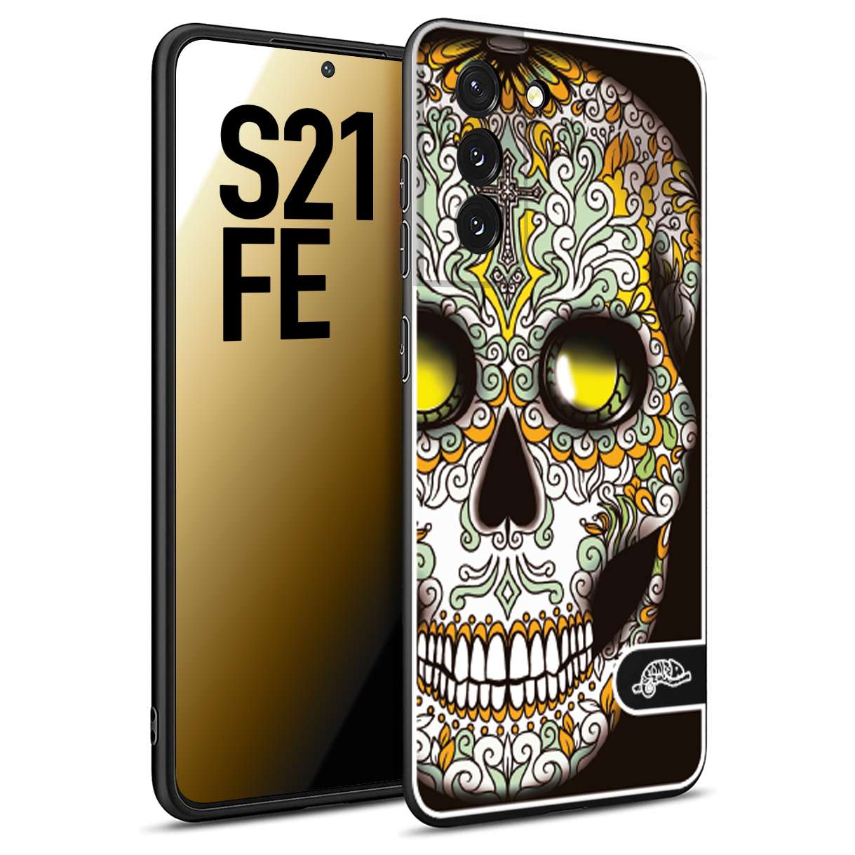 CUSTOMIZZA - Custodia cover nera morbida in tpu compatibile per Samsung S21 FE teschio messicano Mexican skull bianco verde giallo